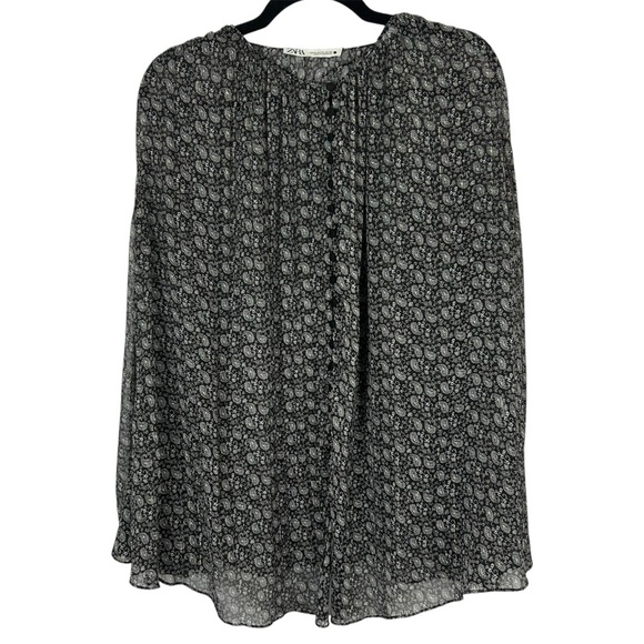 Zara Sheer Metallic Black Buttoned Long Sleeve Blouse Size XL - Picture 1 of 9